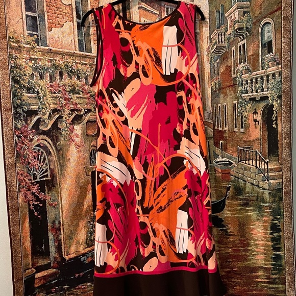 Studio I Vibrant Brown and Pink Dress with Removable Cardigan. - Picture 6 of 6